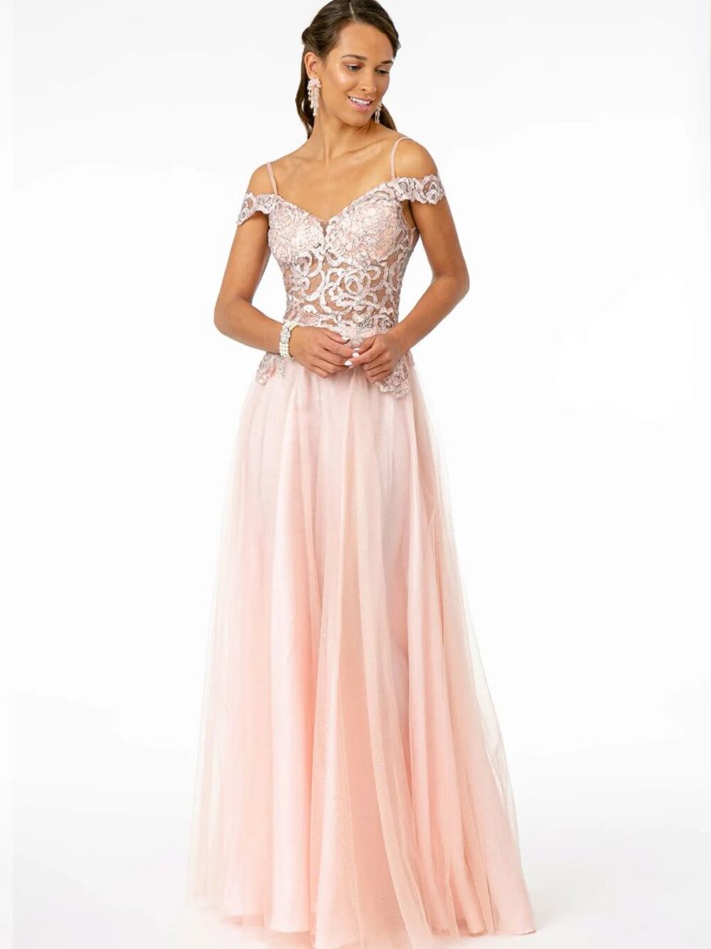NEW BLUSH Mesh V-Neck Prom Gown Floor Length Formal Elegant GL2953